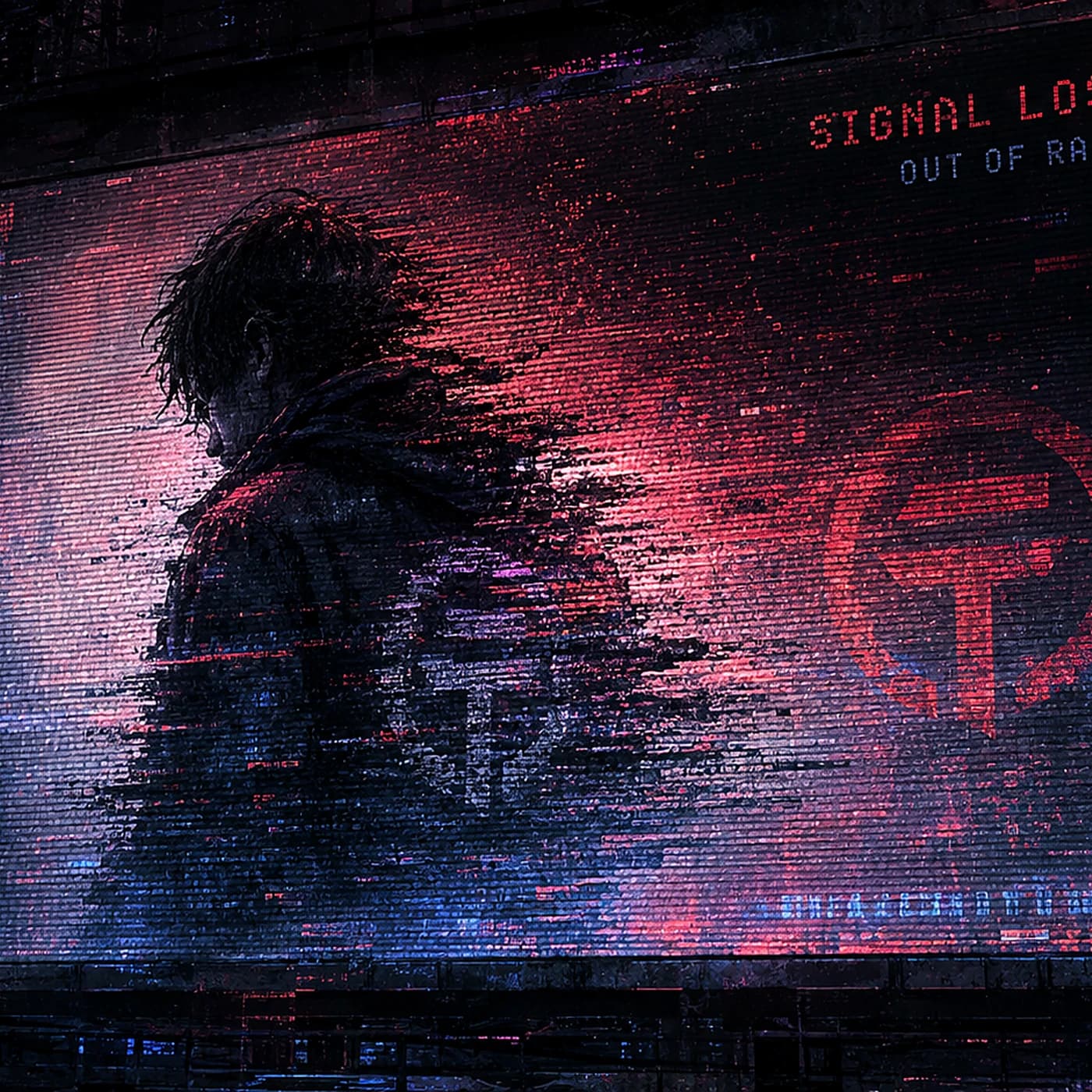 A solitary figure dissolving across a red and blue city transmission.