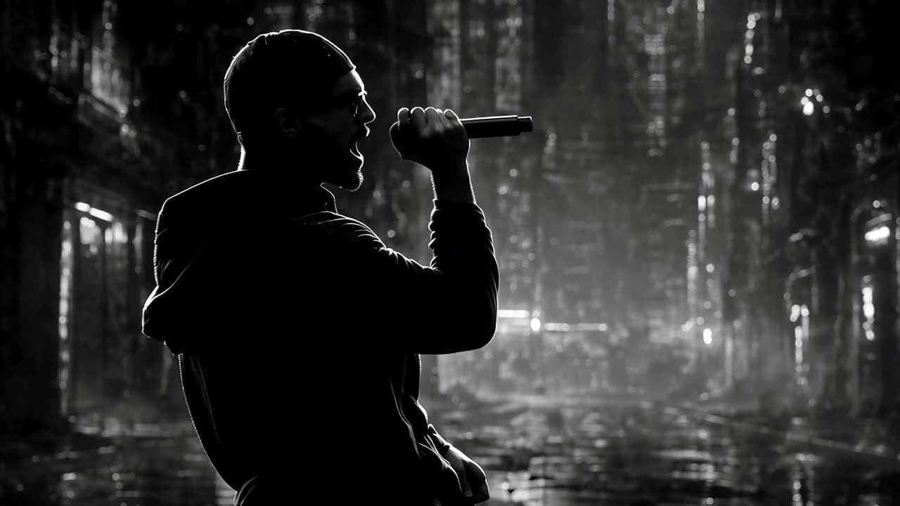 Black-and-white frame of a singer holding a microphone in a rain-soaked alley.