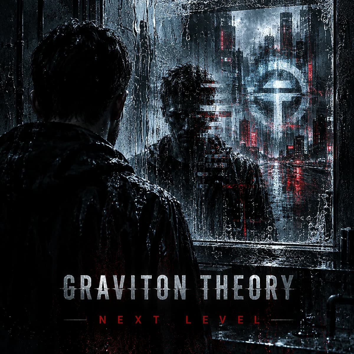The Future Never Came: Next Level sleeve artwork: a rain-streaked window holding a reflection and a red-lit city