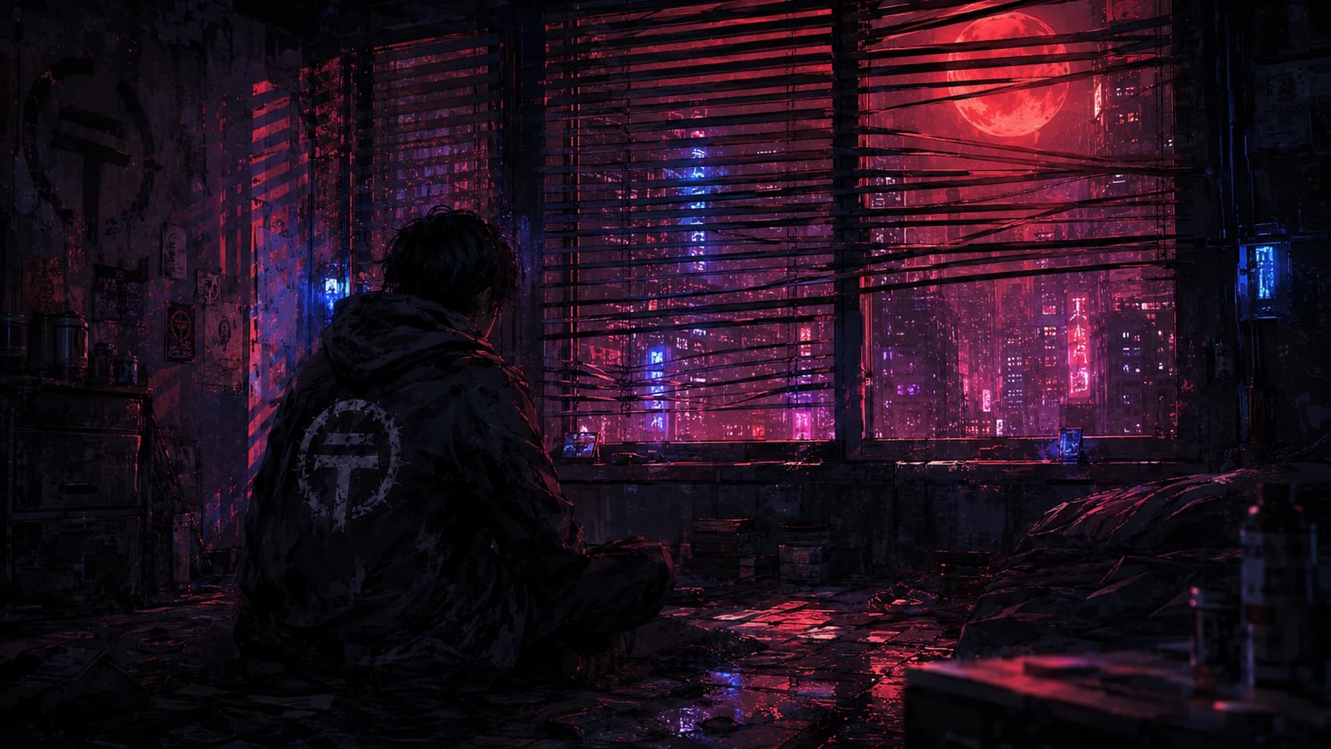 Rain, blue distance and red signal light across the Silent City