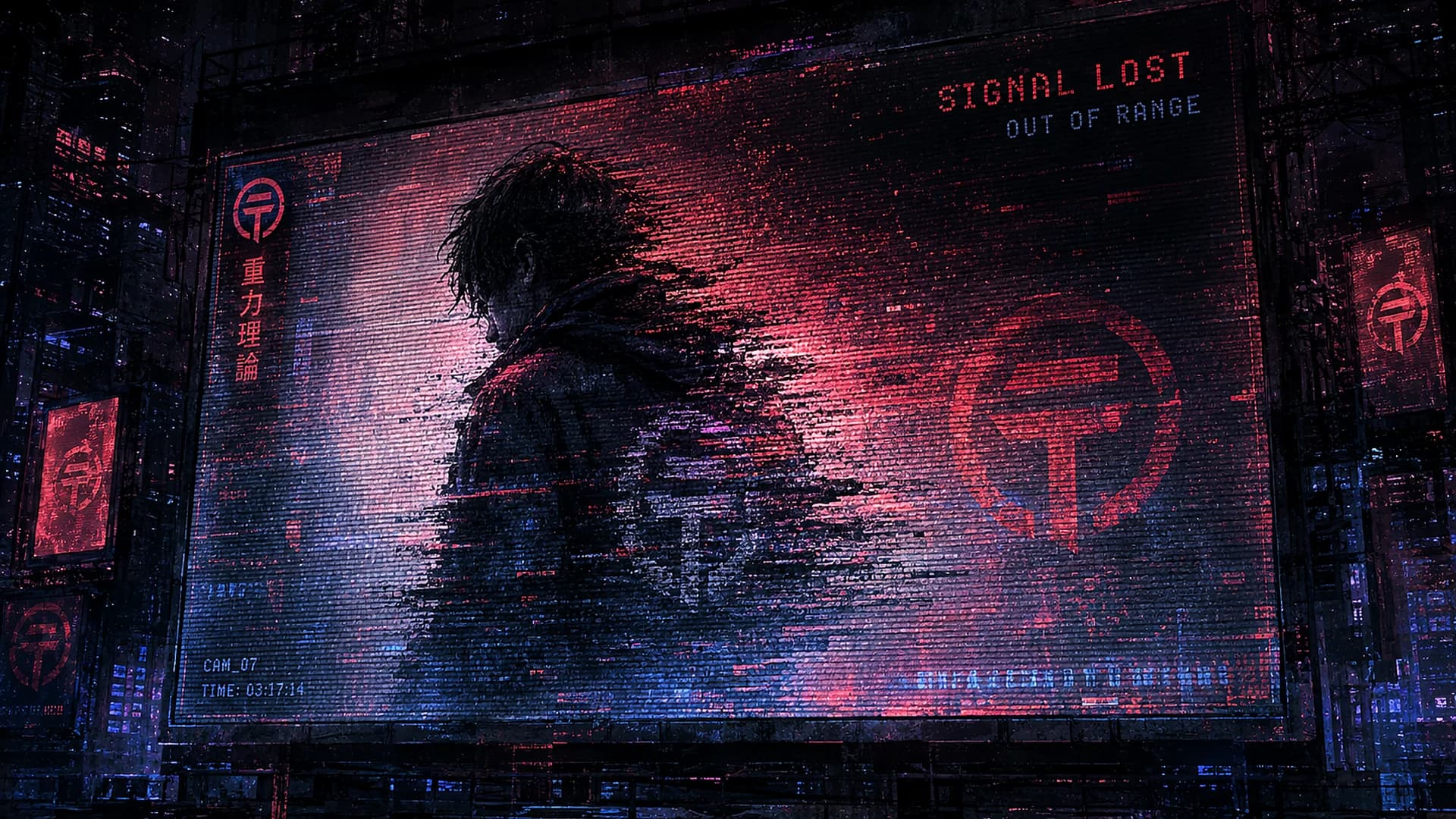 The Silent City transmission wall: a solitary figure breaking apart across red scan lines and blue civic light