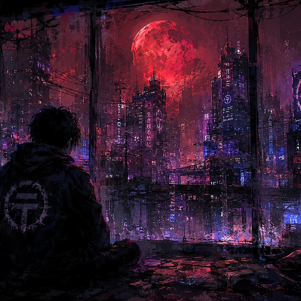 Plate for In the Heart of the Storm: a city forgetting to breathe beneath a red moon while the world quietly changes shape
